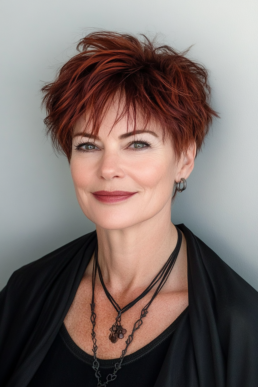 24. Mahogany Pixie with Slightly Asymmetrical Cut (Pixie Hairstyles For Women Over 50) - Pixie Hairstyles For Women Over 50