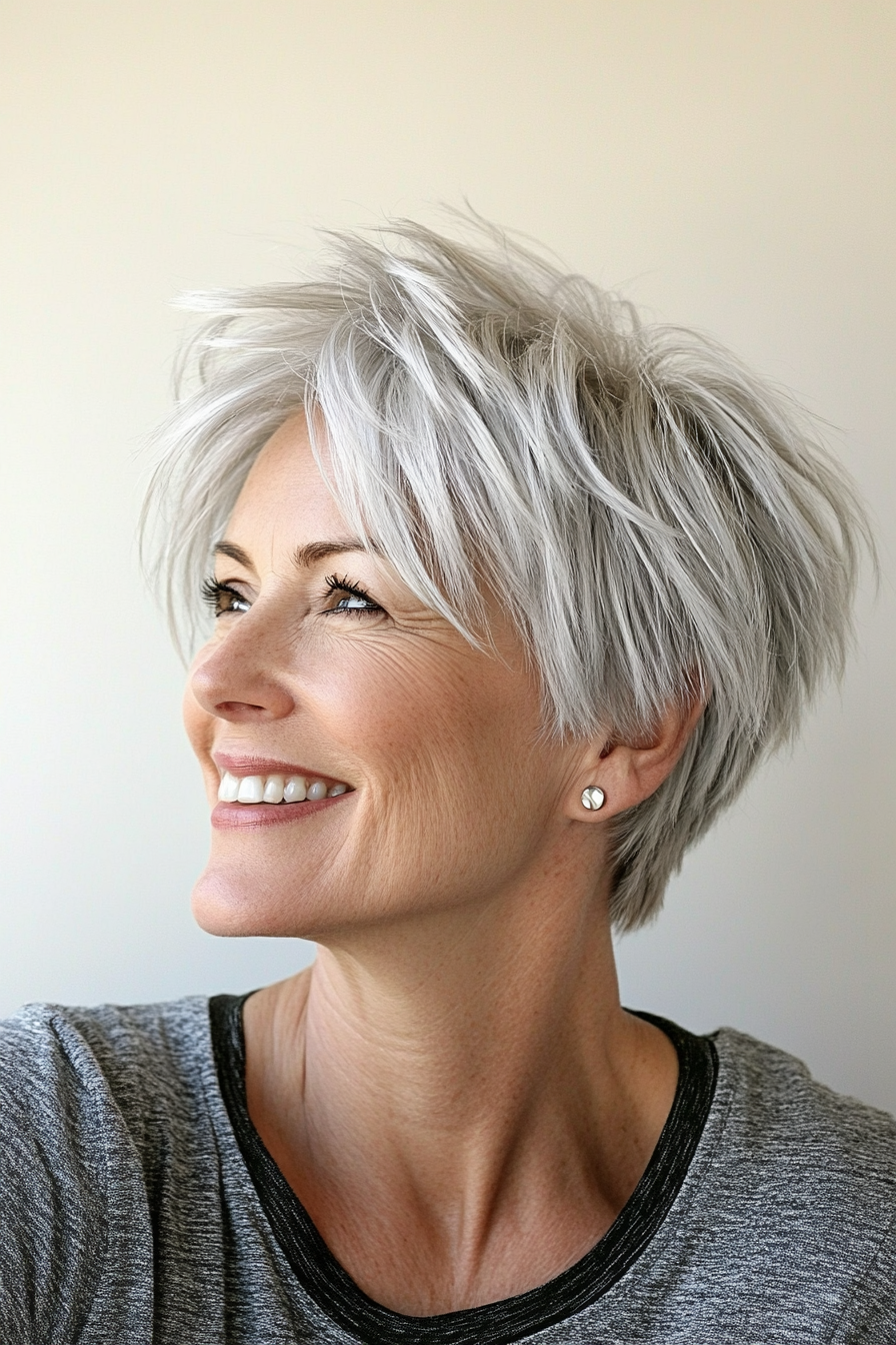 25. Shaggy Silver Pixie (Pixie Hairstyles For Women Over 50) - Pixie Hairstyles For Women Over 50