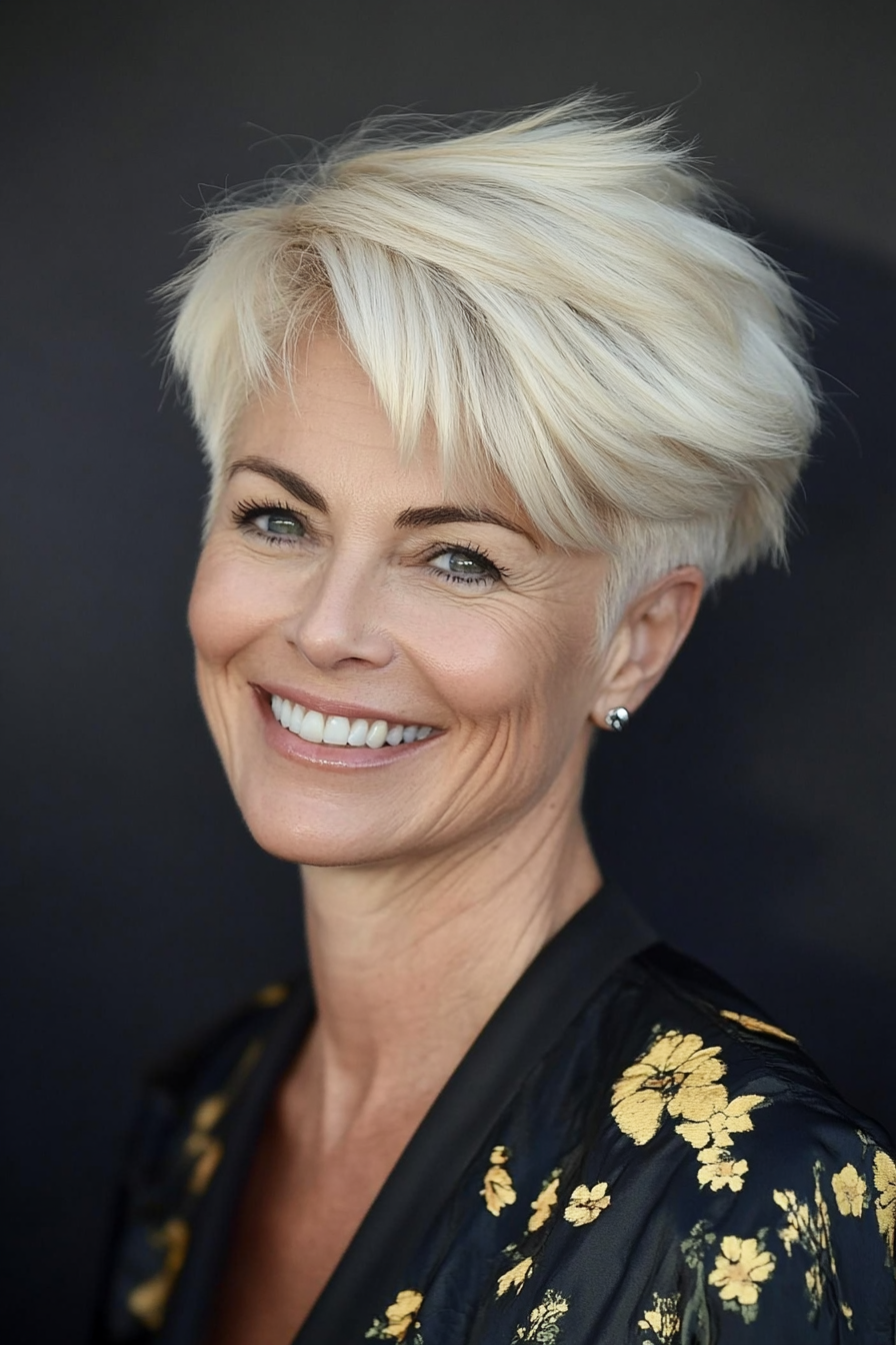 27. Bright Blonde Pixie with Flipped Ends (Pixie Hairstyles For Women Over 50) - Pixie Hairstyles For Women Over 50