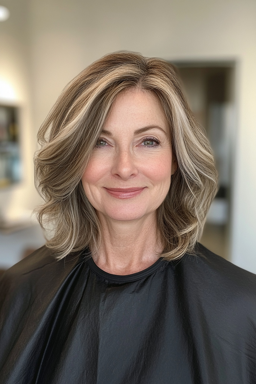 4. Textured Lob with Caramel Highlights (Senior Haircuts For Older Women) - Senior Haircuts For Older Women