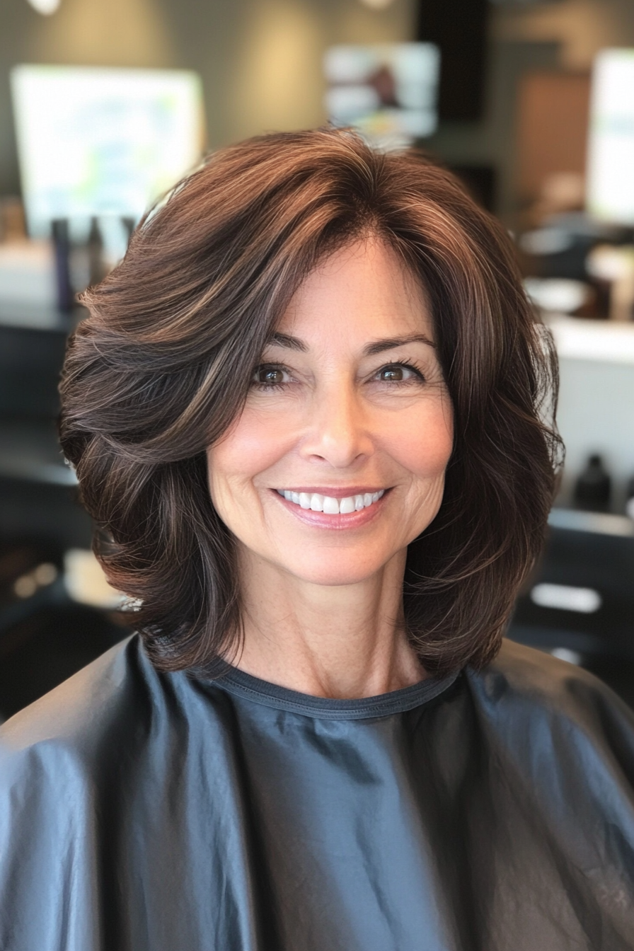5. Classic Layered Cut with Dark Brown (Senior Haircuts For Older Women) - Senior Haircuts For Older Women