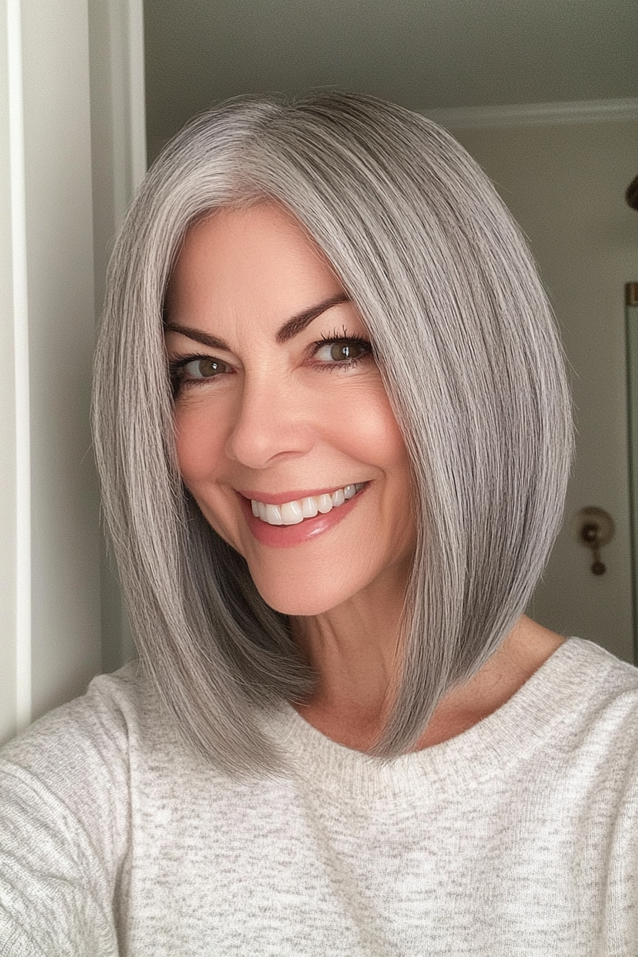 18. Asymmetrical Bob with Natural Gray (Senior Haircuts For Older Women) - Senior Haircuts For Older Women