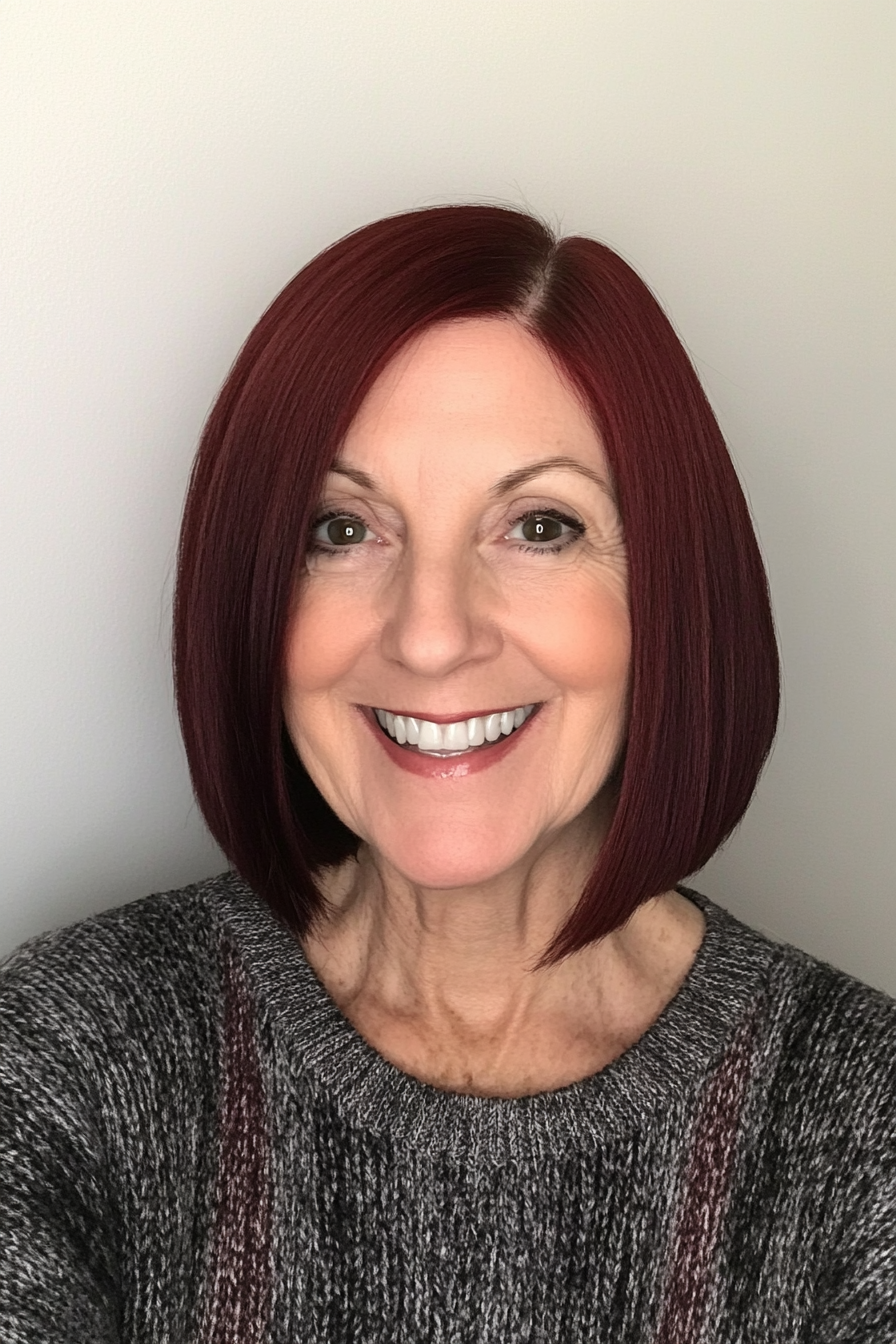 19. Sleek Blunt Cut with Dark Red (Senior Haircuts For Older Women) - Senior Haircuts For Older Women