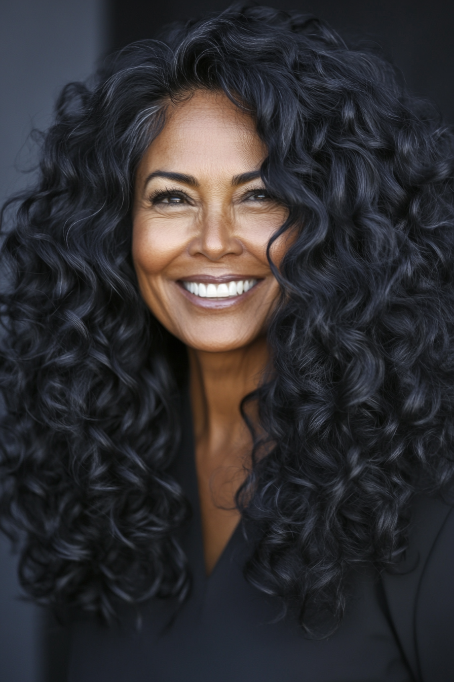23. Bouncy Curls with Rich Black (Senior Haircuts For Older Women) - Senior Haircuts For Older Women