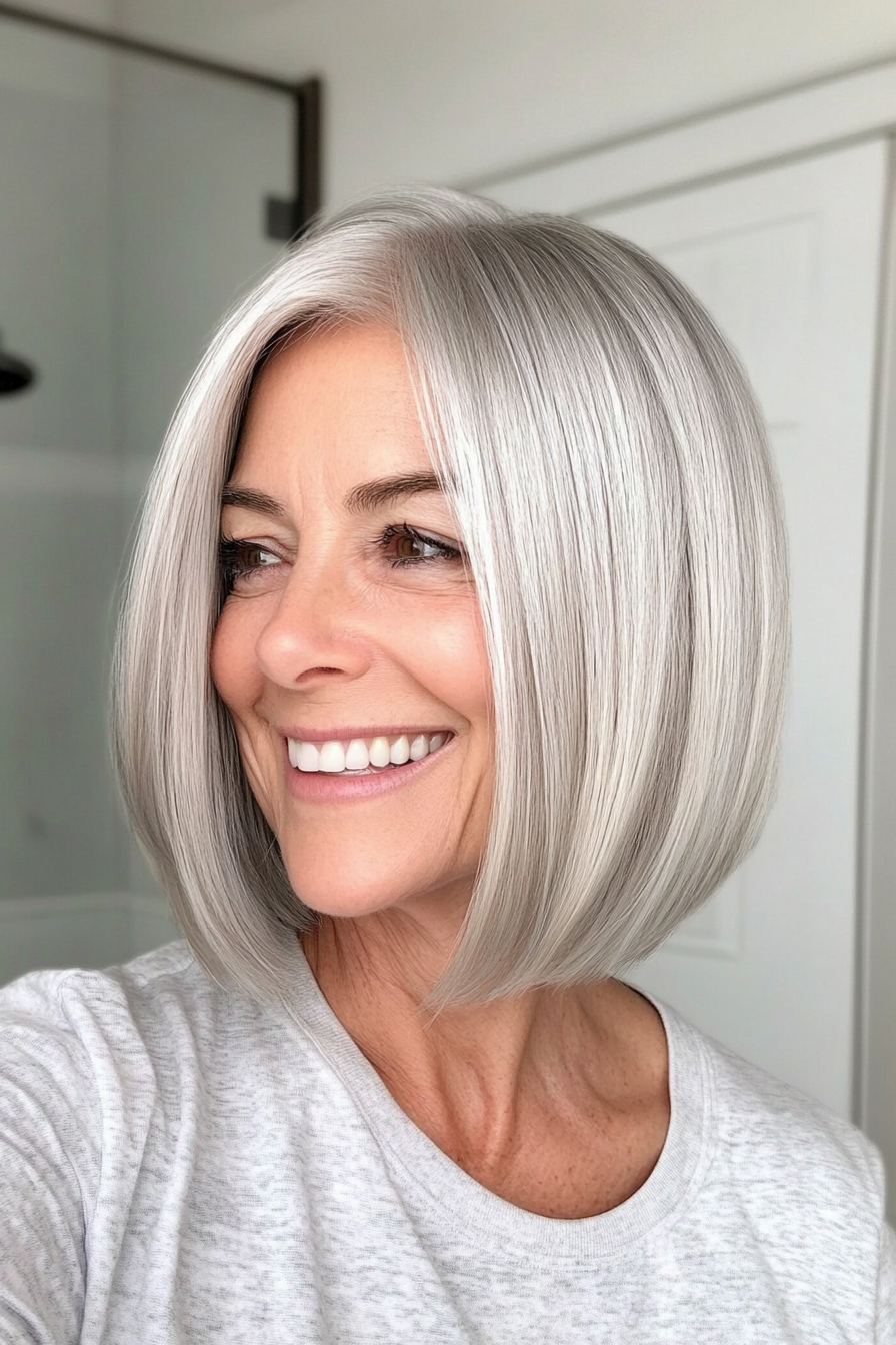24. Chin-Length Bob with Silver Blonde (Senior Haircuts For Older Women) - Senior Haircuts For Older Women