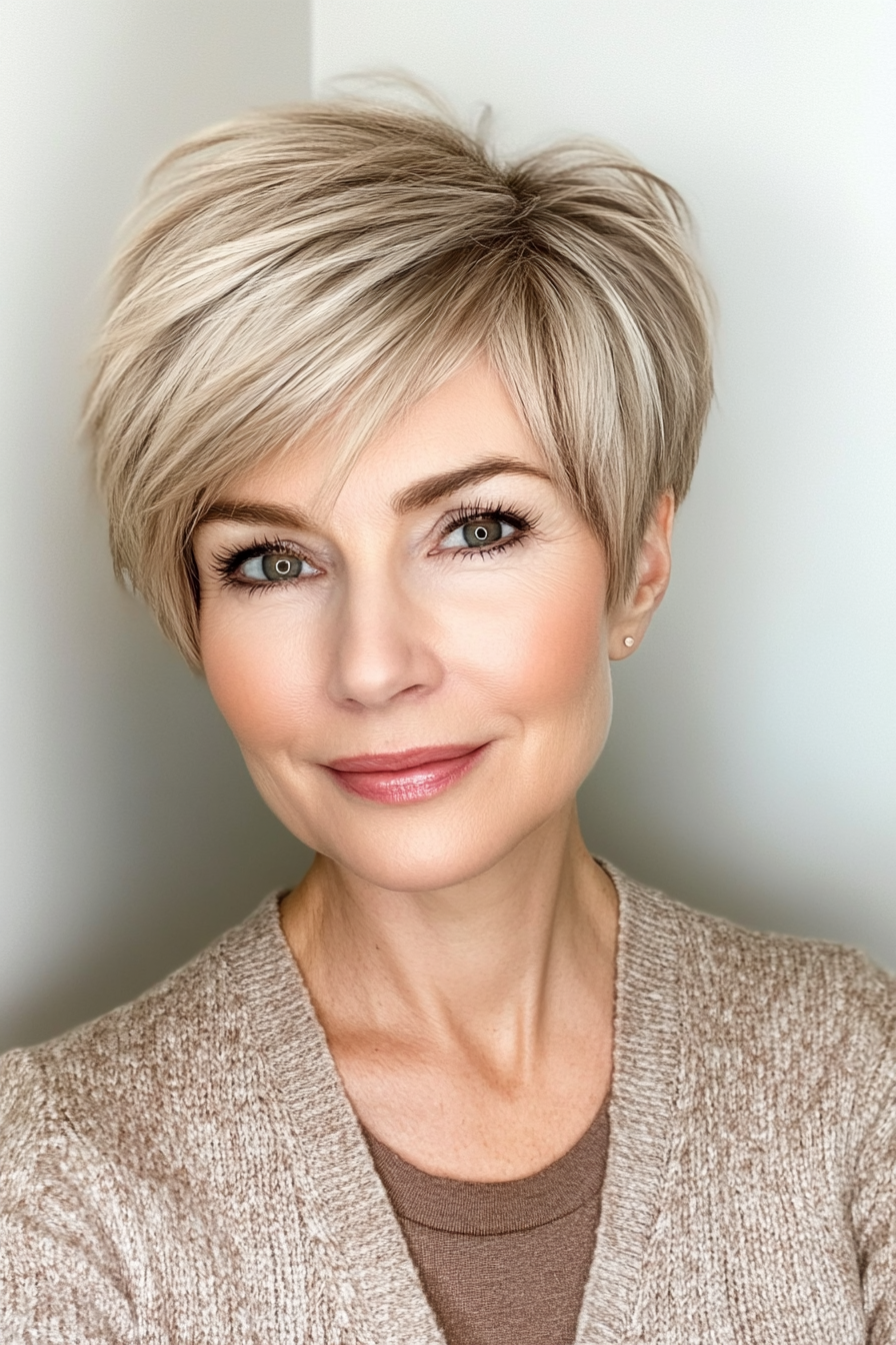 1. Layered Pixie with Ash Blonde Highlights (Short Hairstyles For Women Over 60 With Thin Hair) - Short Hairstyles For Women Over 60 With Thin Hair