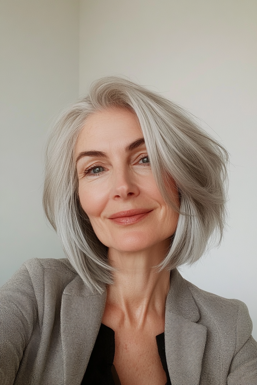 2. Choppy Bob with Silver Undertones (Short Hairstyles For Women Over 60 With Thin Hair) - Short Hairstyles For Women Over 60 With Thin Hair