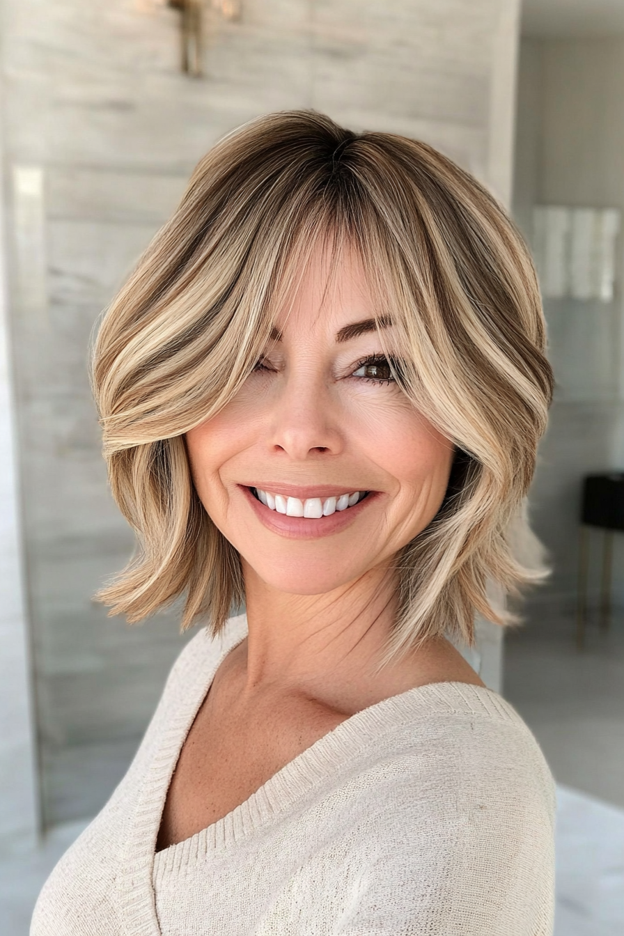 3. Side-Swept Lob with Honey Blonde Tones (Short Hairstyles For Women Over 60 With Thin Hair) - Short Hairstyles For Women Over 60 With Thin Hair
