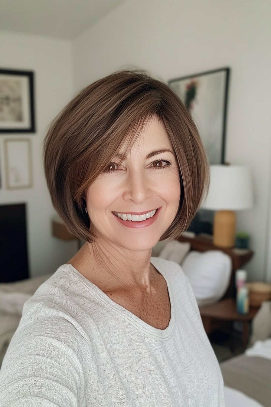 6. Wispy Bob with Medium Brown Roots (Short Hairstyles For Women Over 60 With Thin Hair) - Short Hairstyles For Women Over 60 With Thin Hair