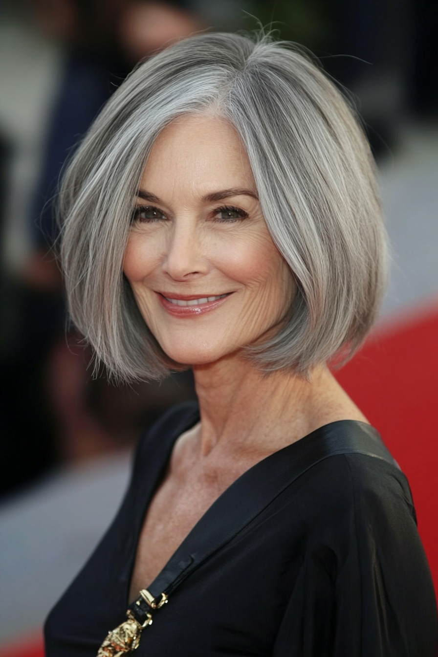 13. Layered French Bob with Blended Gray (Short Hairstyles For Women Over 60 With Thin Hair) - Short Hairstyles For Women Over 60 With Thin Hair