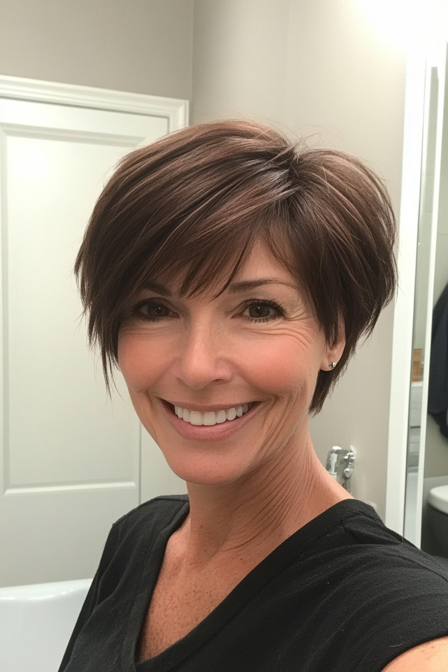 15. Asymmetrical Pixie with Dark Brown (Short Hairstyles For Women Over 60 With Thin Hair) - Short Hairstyles For Women Over 60 With Thin Hair