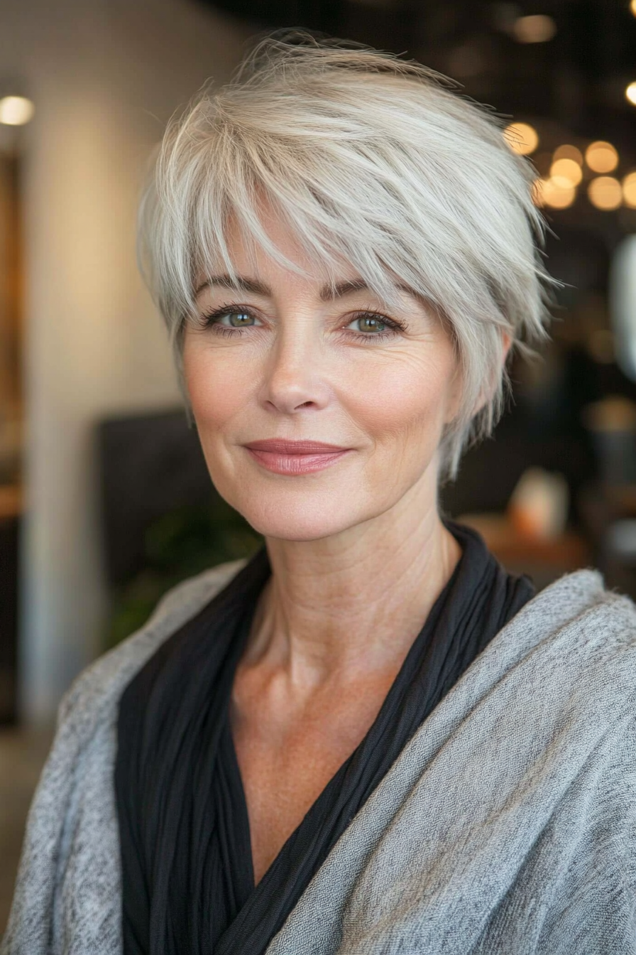 16. Feathered Crop with Salt and Pepper (Short Hairstyles For Women Over 60 With Thin Hair) - Short Hairstyles For Women Over 60 With Thin Hair