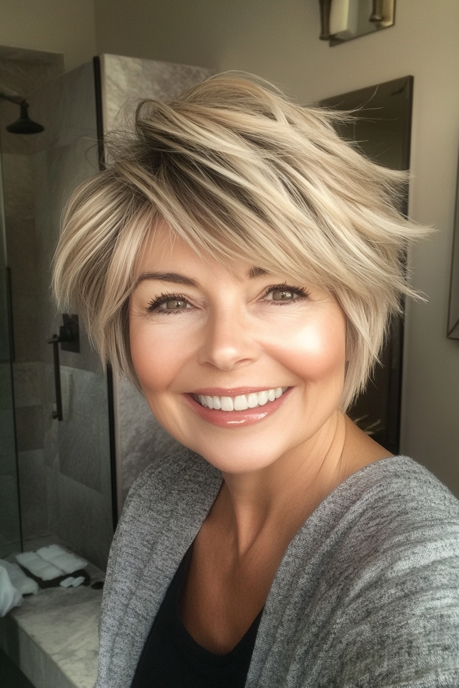 17. Choppy Shag with Warm Blonde Tips (Short Hairstyles For Women Over 60 With Thin Hair) - Short Hairstyles For Women Over 60 With Thin Hair