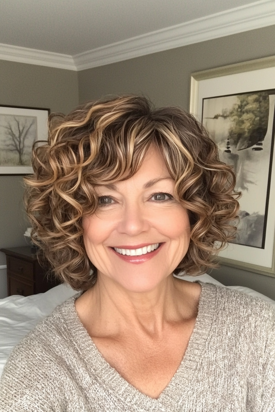 23. Curly Bob with Honey Highlights (Short Hairstyles For Women Over 60 With Thin Hair) - Short Hairstyles For Women Over 60 With Thin Hair