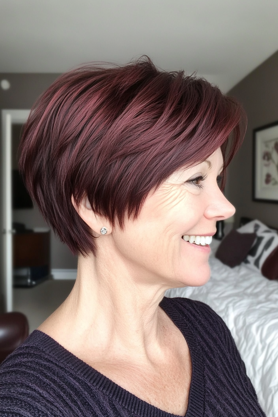 24. Choppy Crop with Deep Burgundy (Short Hairstyles For Women Over 60 With Thin Hair) - Short Hairstyles For Women Over 60 With Thin Hair