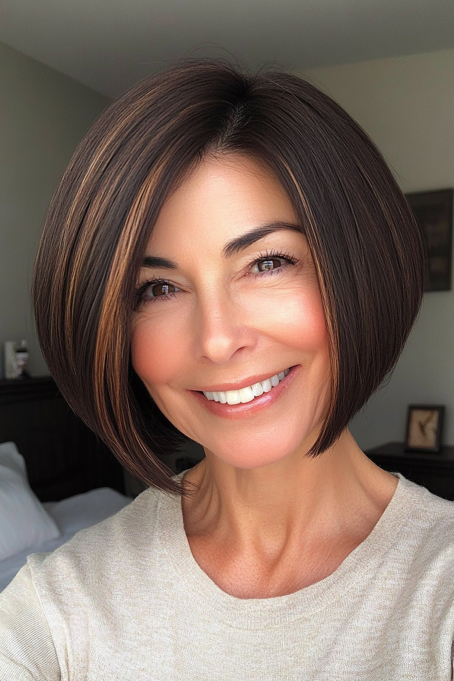 25. Short Side-Parted Bob with Dark Brown (Short Hairstyles For Women Over 60 With Thin Hair) - Short Hairstyles For Women Over 60 With Thin Hair