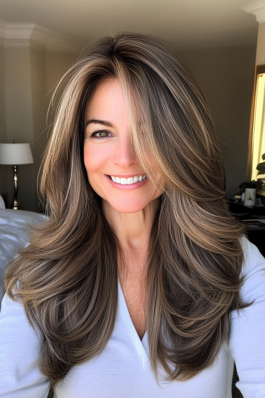7. Ash Brown with Side-Swept Layers (Long Haircuts For Older Women) - Long Haircuts For Older Women