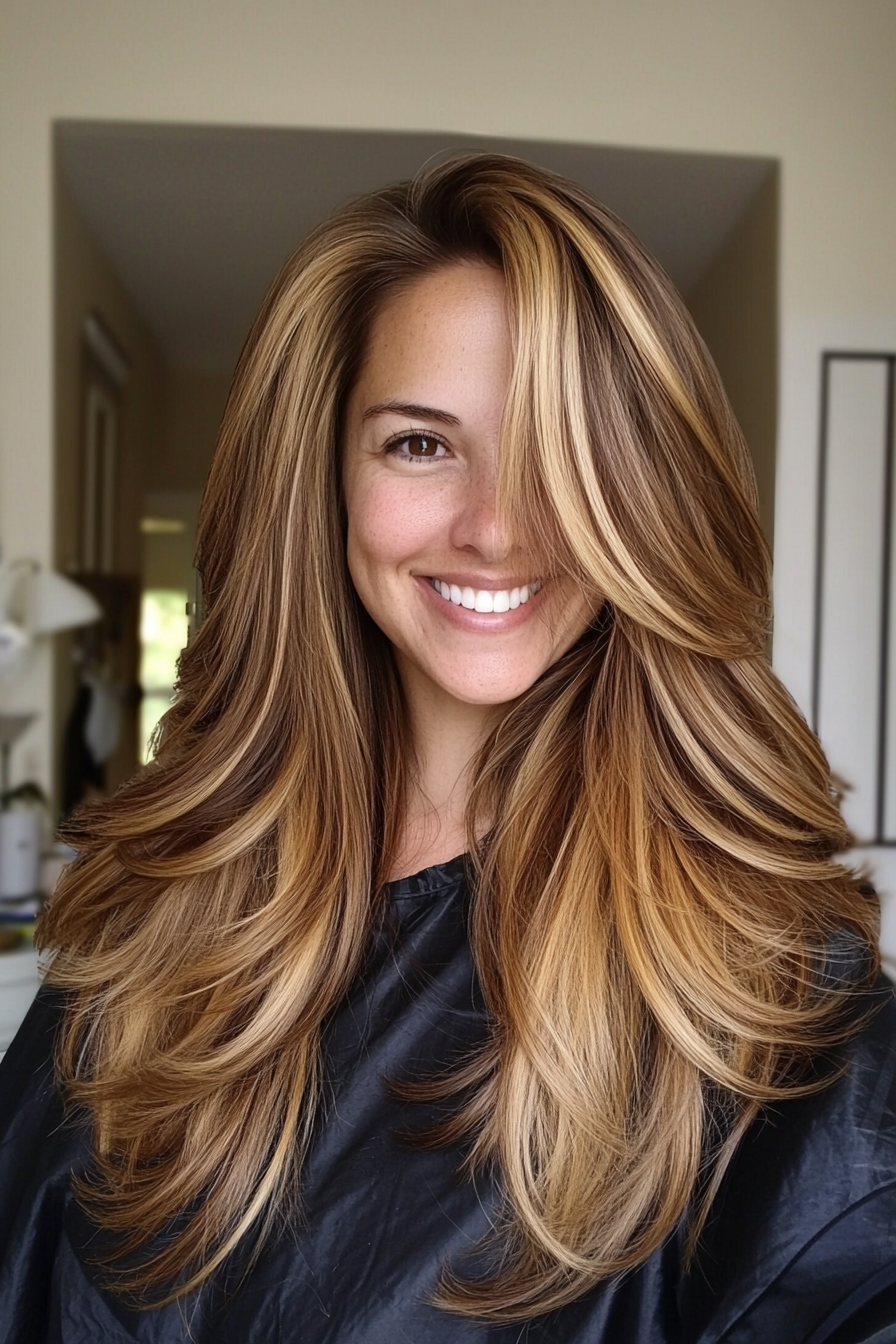 8. Soft Caramel Highlights with Layers (Long Haircuts For Older Women) - Long Haircuts For Older Women