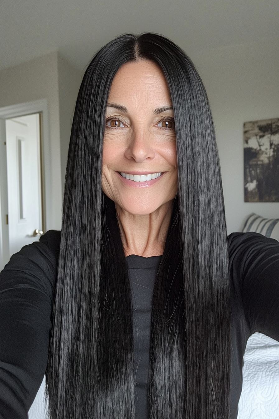 9. Classic Black with Straight Ends (Long Haircuts For Older Women) - Long Haircuts For Older Women