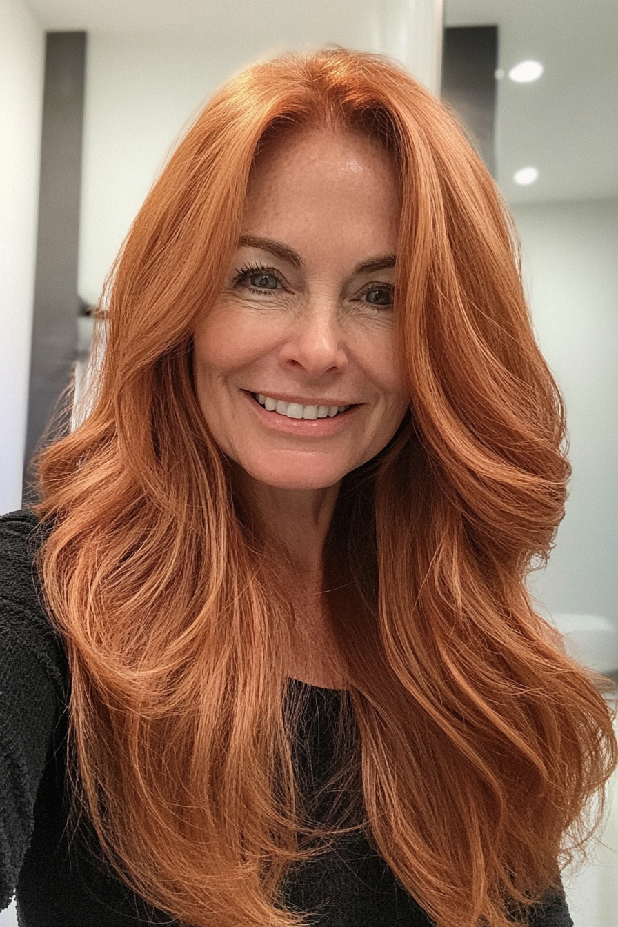 10. Rich Copper with Gentle Waves (Long Haircuts For Older Women) - Long Haircuts For Older Women