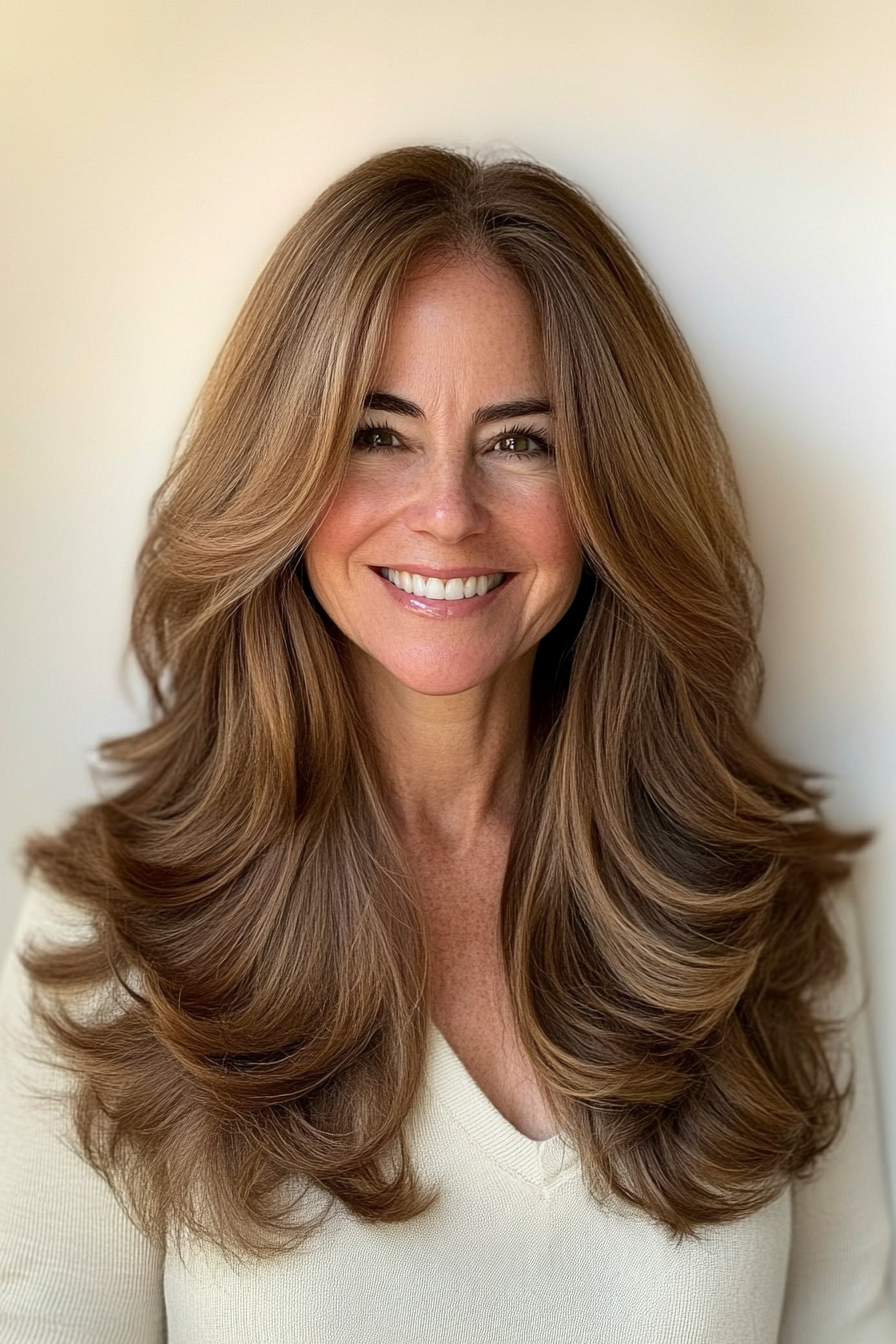 12. Warm Brown with Layered Volume (Long Haircuts For Older Women) - Long Haircuts For Older Women