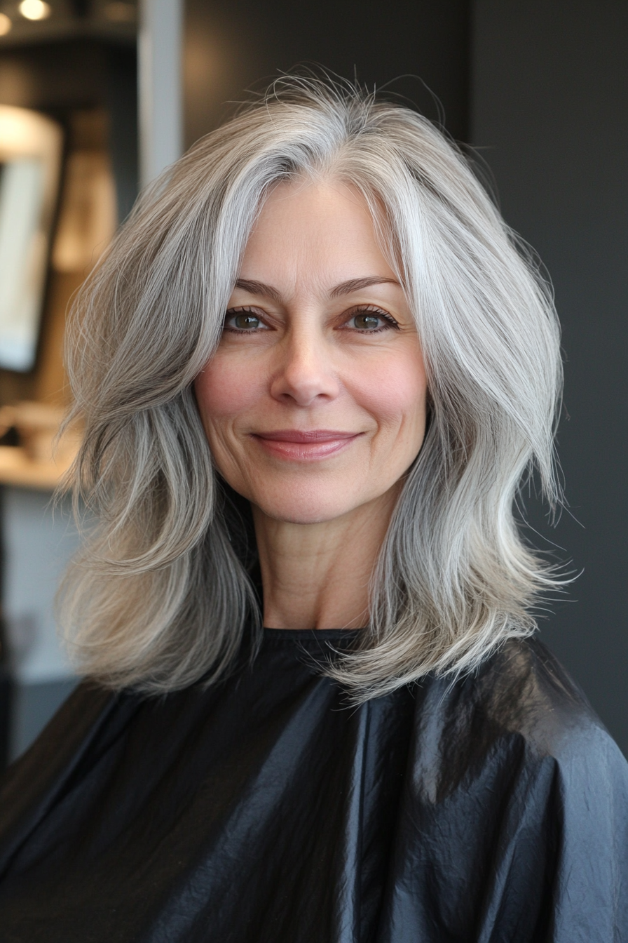13. Soft Gray with Long, Layered Bob (Long Haircuts For Older Women) - Long Haircuts For Older Women