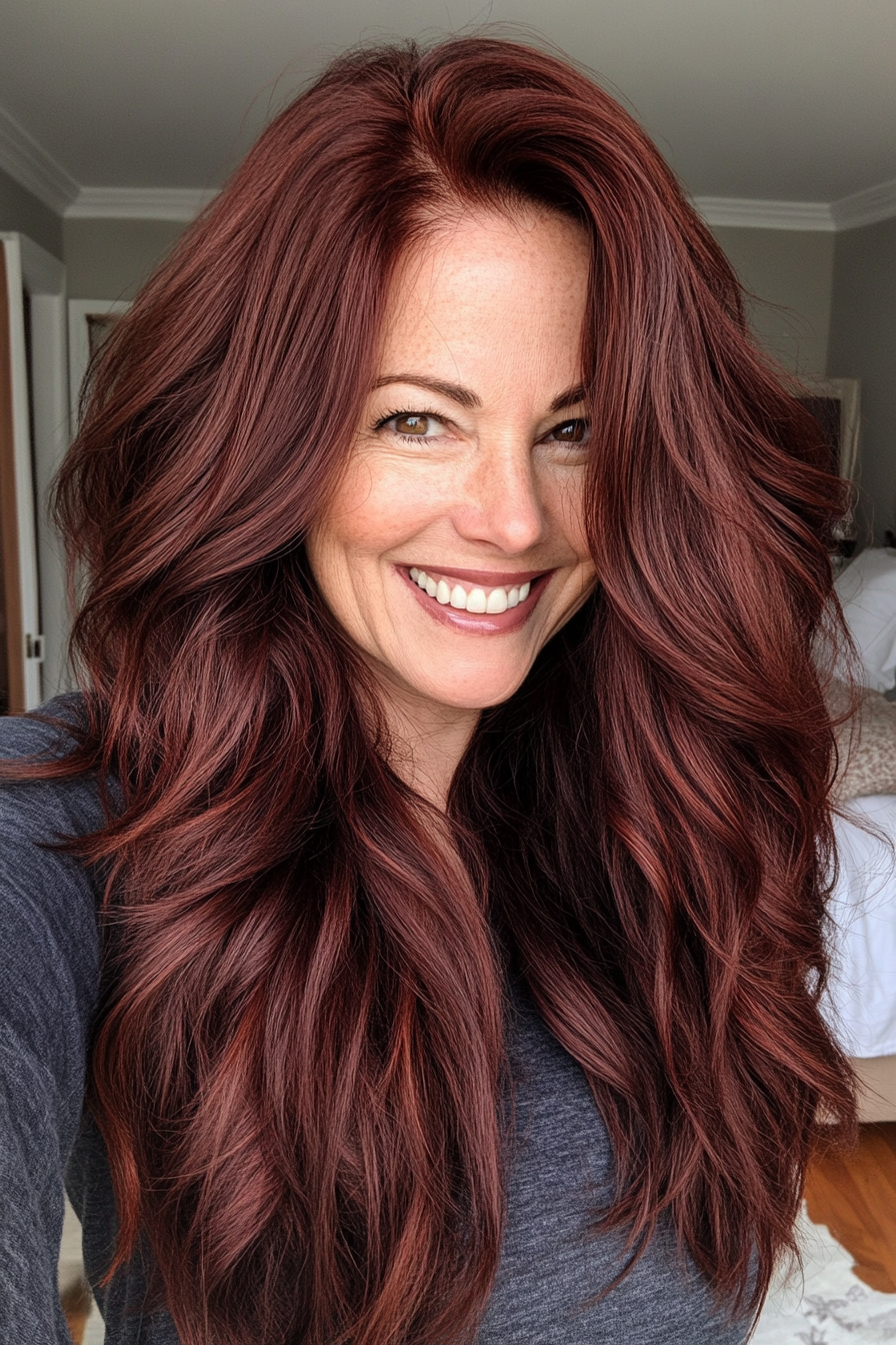 14. Dark Auburn with Textured Waves (Long Haircuts For Older Women) - Long Haircuts For Older Women