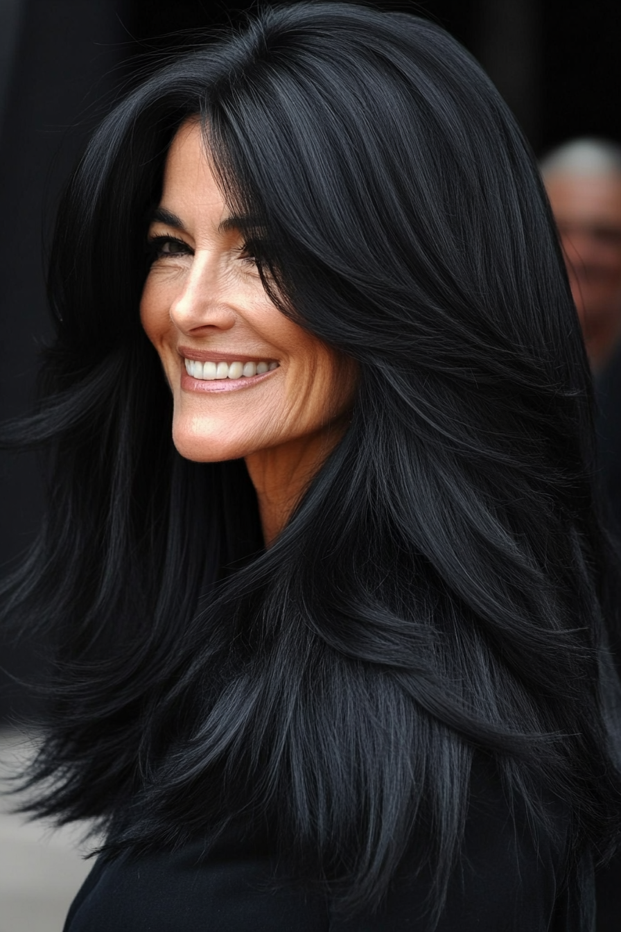 20. Jet Black with Layered Texture (Long Haircuts For Older Women) - Long Haircuts For Older Women