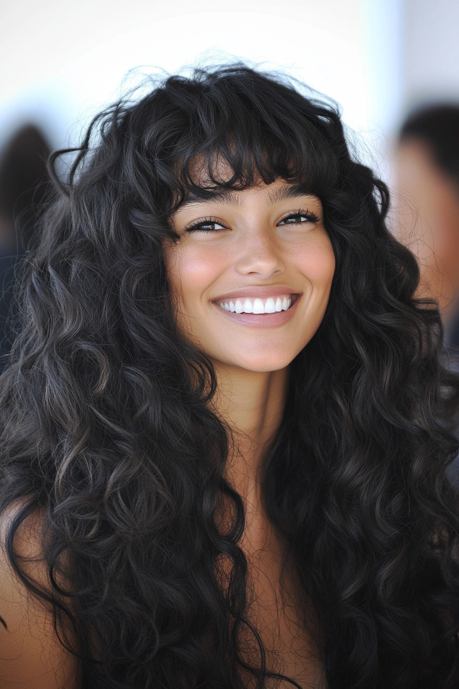 3. Long Curls with Soft Curved Fringe (Curly Hairstyles With Fringe) - Curly Hairstyles With Fringe
