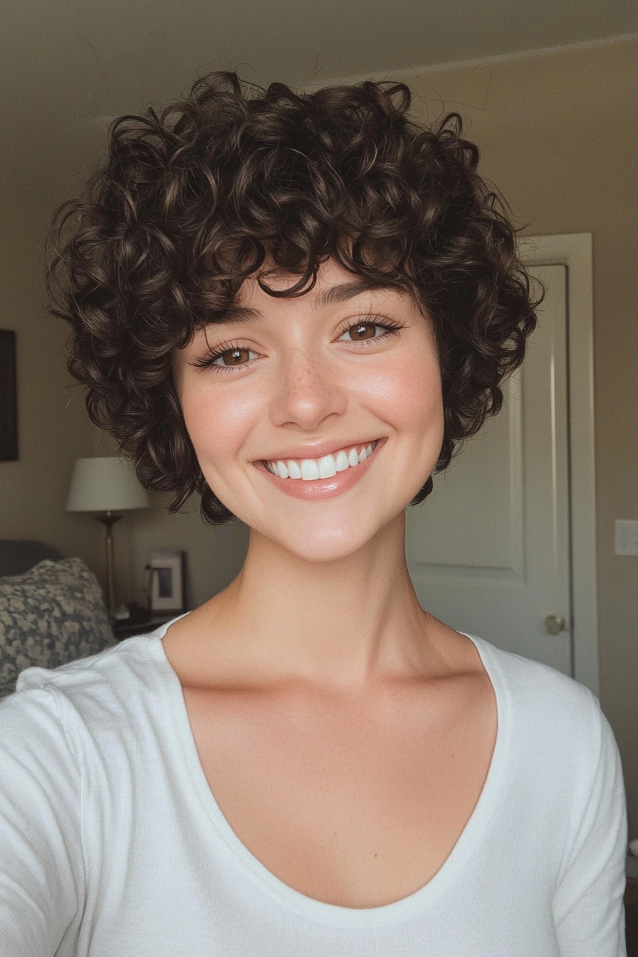 4. Curly Pixie with Fringed Bangs (Curly Hairstyles With Fringe) - Curly Hairstyles With Fringe