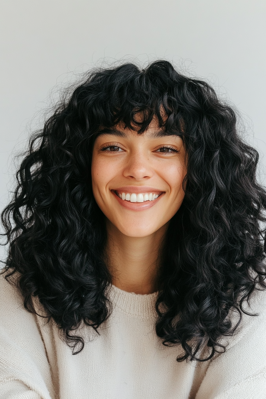 8. Voluminous Curls with Bold Straight Fringe (Curly Hairstyles With Fringe) - Curly Hairstyles With Fringe