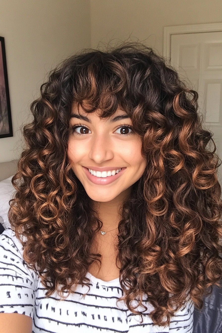 9. Medium-Length Curly Hair with Rounded Fringe (Curly Hairstyles With Fringe) - Curly Hairstyles With Fringe