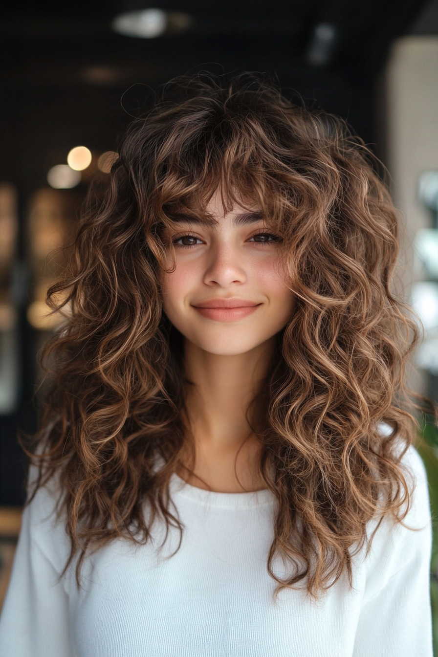12. Long Curly Hair with Light, Feathered Fringe (Curly Hairstyles With Fringe) - Curly Hairstyles With Fringe