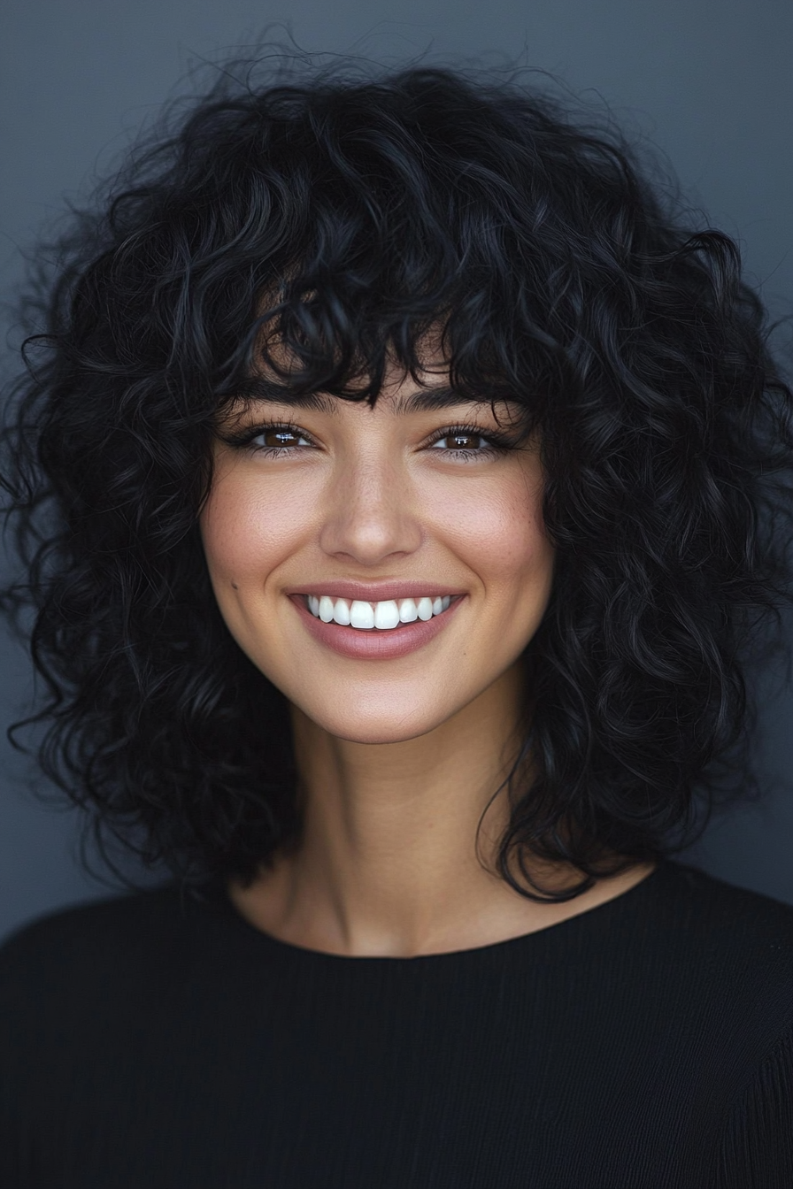 13. Curly Hair with Textured Micro Fringe (Curly Hairstyles With Fringe) - Curly Hairstyles With Fringe