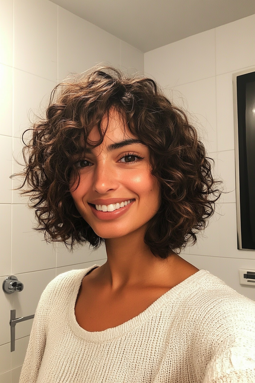 14. Layered Curly Bob with Side-Swept Fringe (Curly Hairstyles With Fringe) - Curly Hairstyles With Fringe