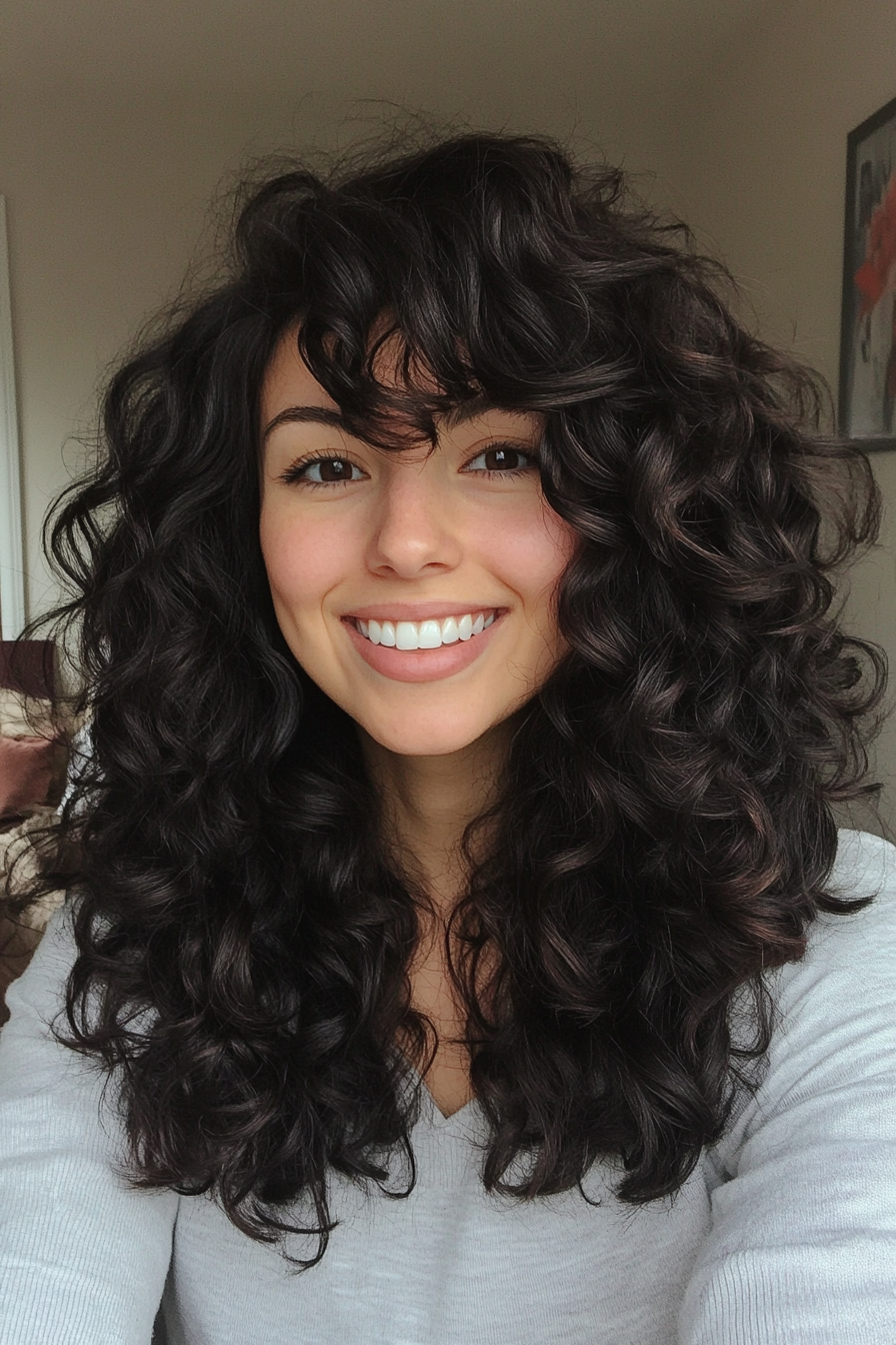 15. Loose Curls with Asymmetrical Fringe (Curly Hairstyles With Fringe) - Curly Hairstyles With Fringe