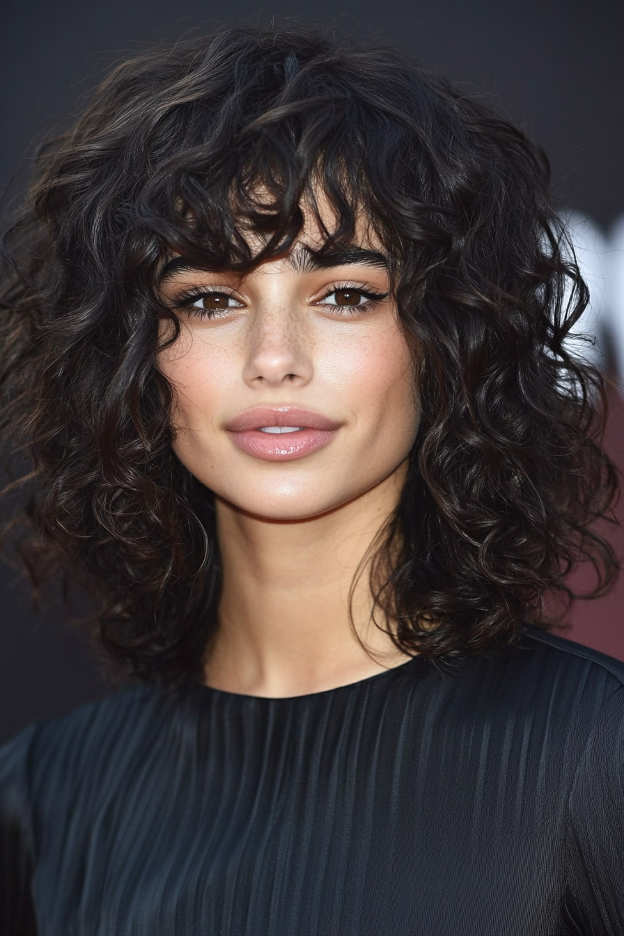 16. Textured Bob with Full Fringe (Curly Hairstyles With Fringe) - Curly Hairstyles With Fringe