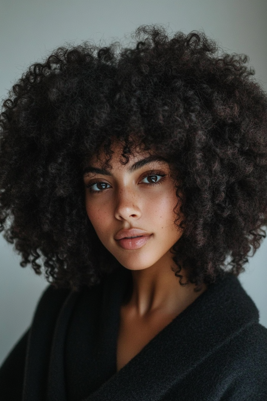 18. Curly Afro with Thick Bangs (Curly Hairstyles With Fringe) - Curly Hairstyles With Fringe