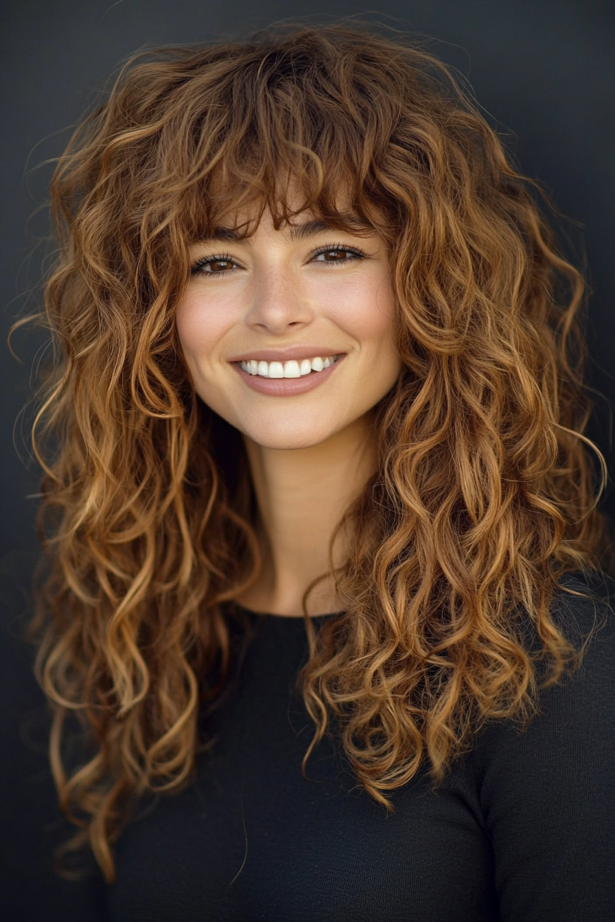 19. Medium-Length Curly Hair with Soft Fringe (Curly Hairstyles With Fringe) - Curly Hairstyles With Fringe