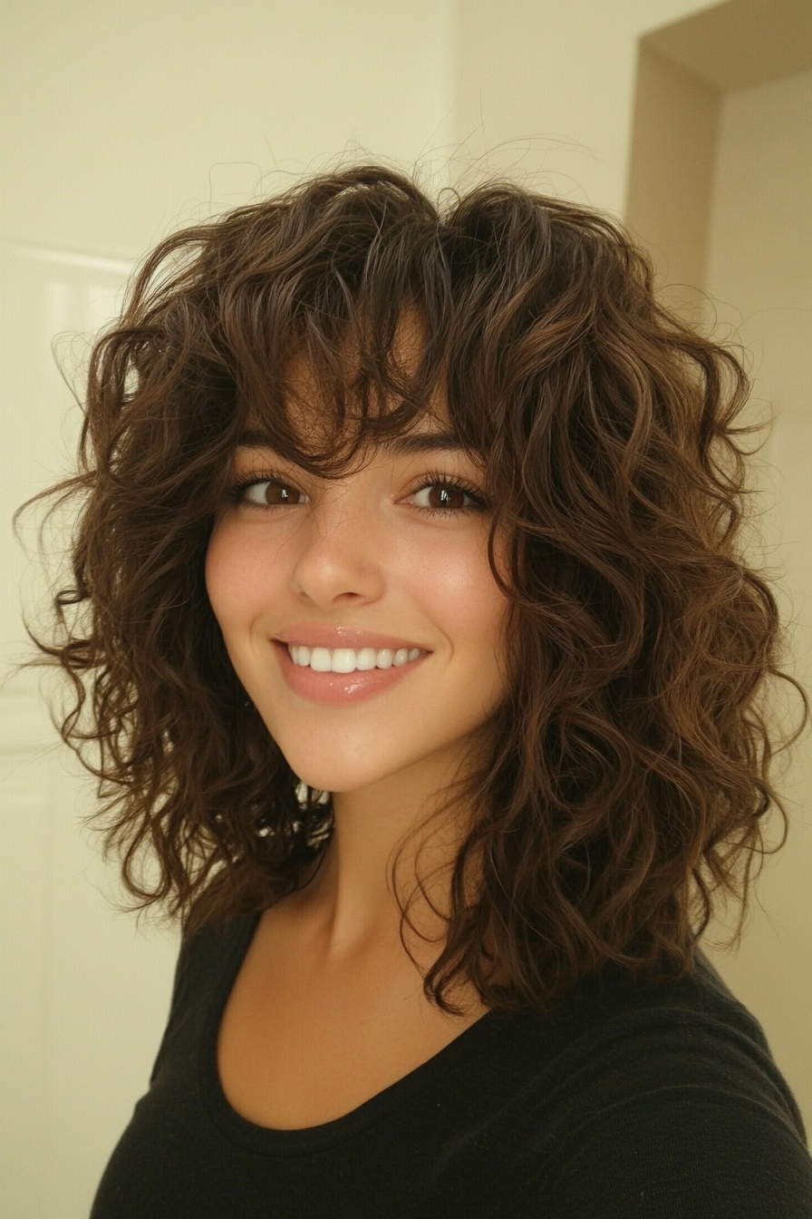 21. Curly Shoulder-Length Hair with Fringe (Curly Hairstyles With Fringe) - Curly Hairstyles With Fringe