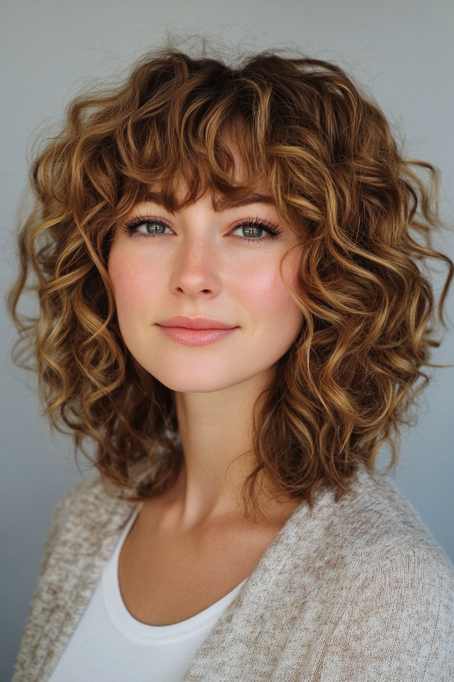 23. Curly Lob with Full Blunt Fringe (Curly Hairstyles With Fringe) - Curly Hairstyles With Fringe