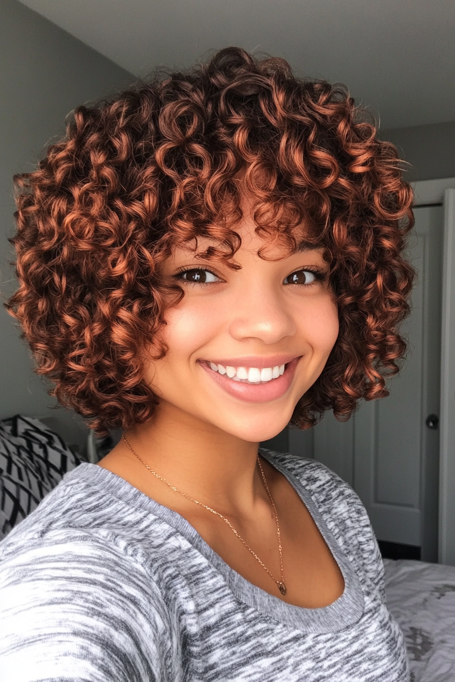 24. Tight Curly Bob with Wispy Fringe (Curly Hairstyles With Fringe) - Curly Hairstyles With Fringe