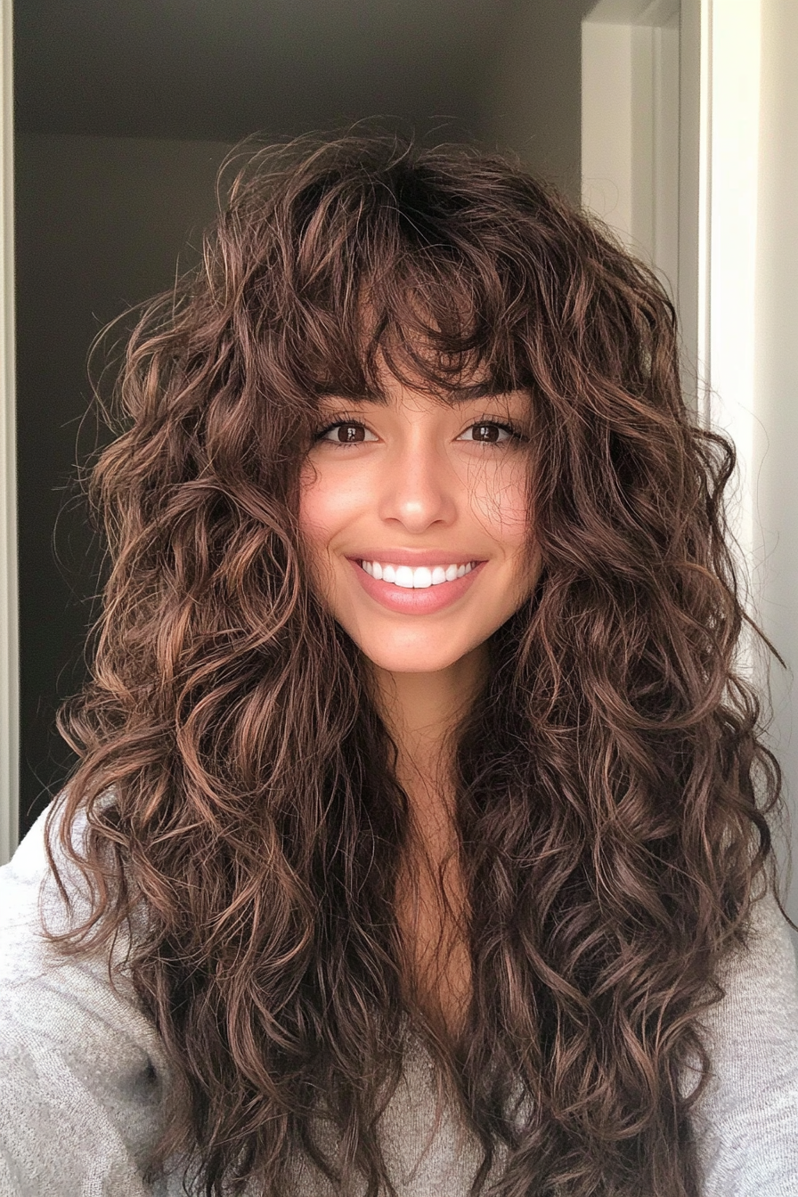 27. Curly Hair with Textured Long Fringe (Curly Hairstyles With Fringe) - Curly Hairstyles With Fringe