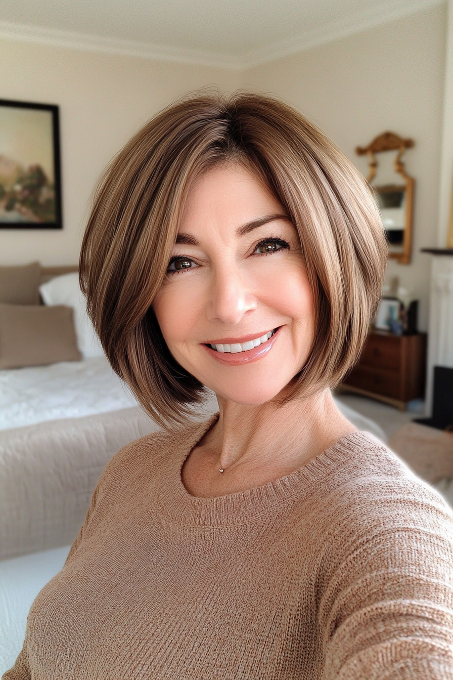 10. Chin-Length Bob - Warm Brown (Haircuts For Women Over 50 With Thin Hair) - Haircuts For Women Over 50 With Thin Hair