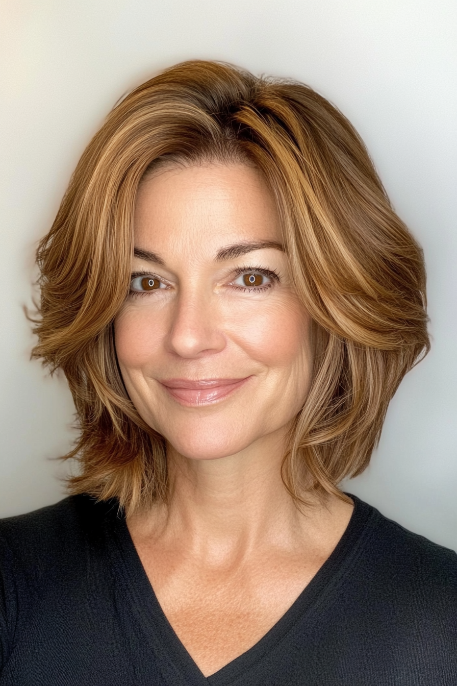 15. Feathered Bob - Caramel Brown (Haircuts For Women Over 50 With Thin Hair) - Haircuts For Women Over 50 With Thin Hair