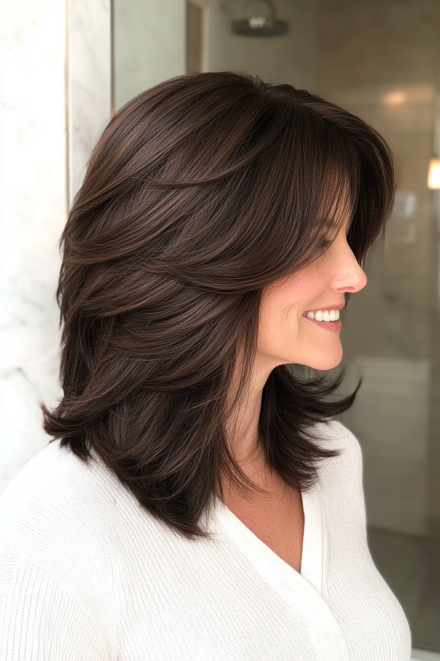 18. Layered Shoulder Cut - Dark Brown (Haircuts For Women Over 50 With Thin Hair) - Haircuts For Women Over 50 With Thin Hair