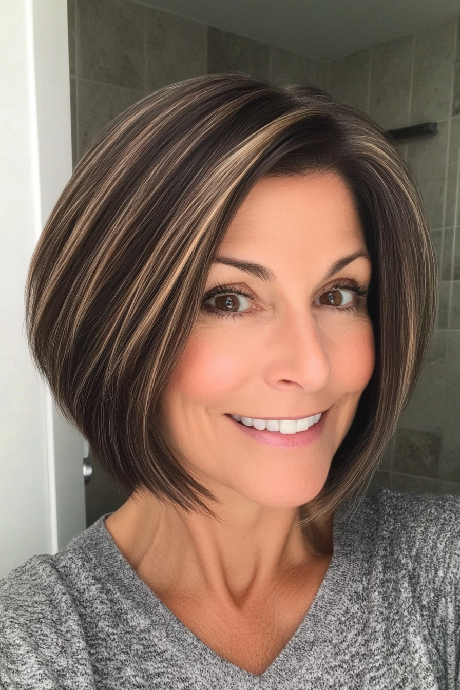 22. Layered Bob with Highlights - Dark Brown (Haircuts For Women Over 50 With Thin Hair) - Haircuts For Women Over 50 With Thin Hair