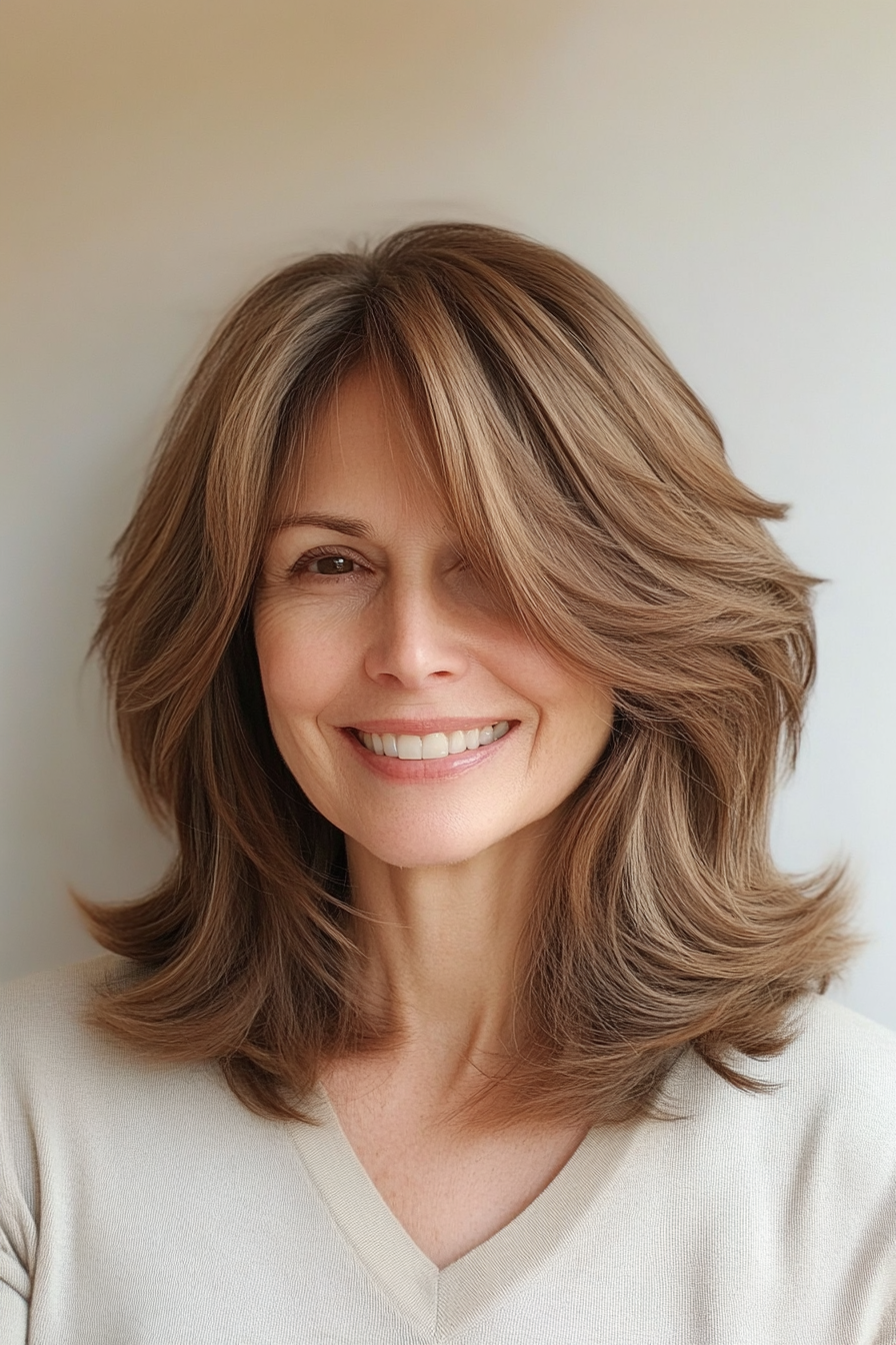 25. Layered Lob with Fringes - Soft Brown (Haircuts For Women Over 50 With Thin Hair) - Haircuts For Women Over 50 With Thin Hair