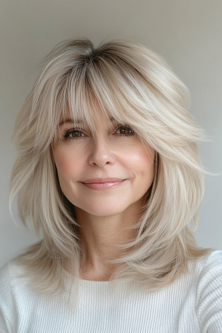 1. Layered Blonde Shag with Wispy Bangs (Short Shag Haircuts With Bangs For Older Women) - Short Shag Haircuts With Bangs For Older Women