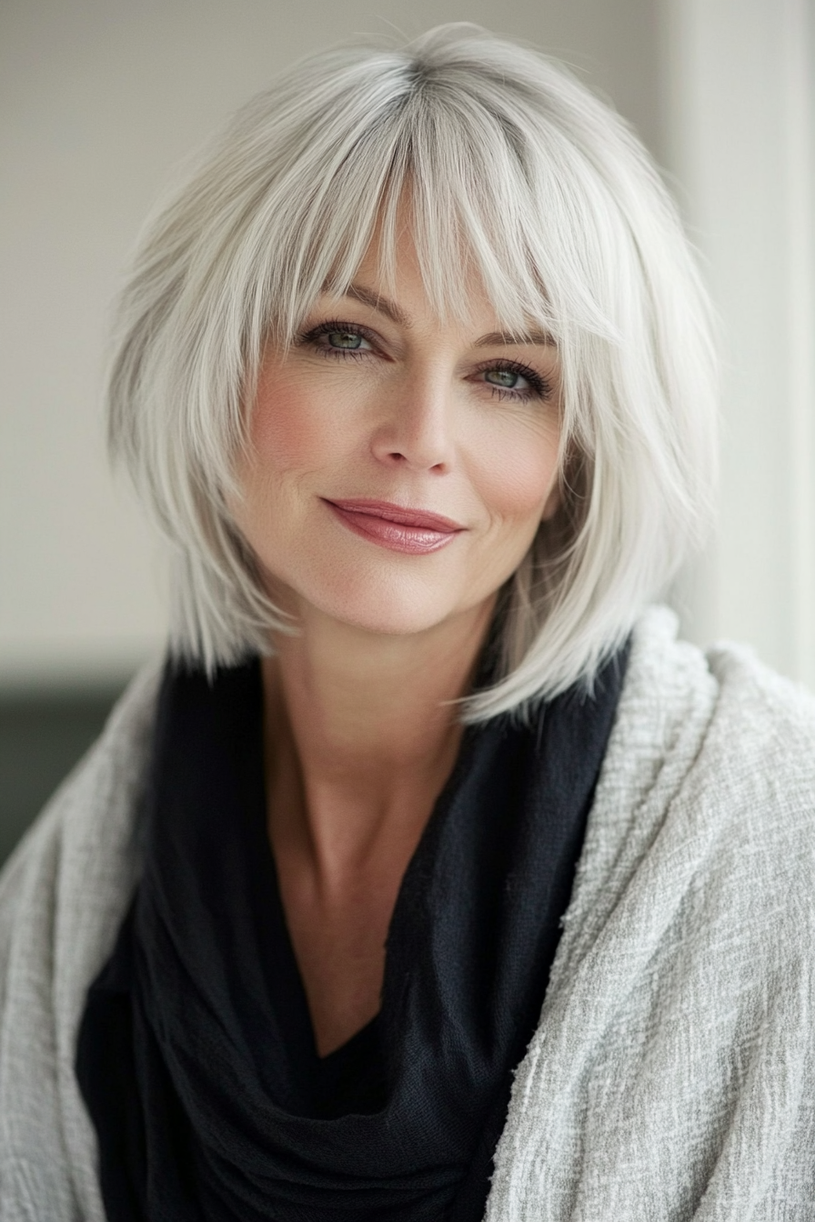 2. Silver Bob Shag with Blunt Bangs (Short Shag Haircuts With Bangs For Older Women) - Short Shag Haircuts With Bangs For Older Women